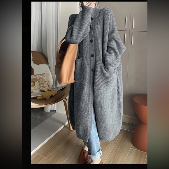 Oversized Button Front Long Sleeve Turtleneck Cardigan, - Picture 2 of 6